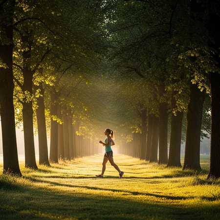 A woman jogging through a serene forest with sunlight filtering through the trees
