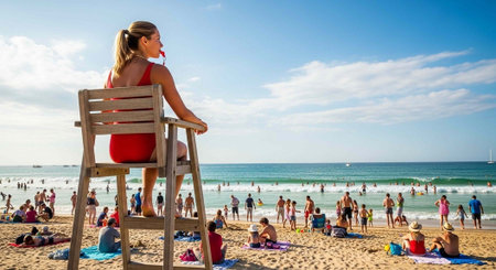A woman in a red dress sitting on a lifeguard chair at a crowded beach on a sunny day