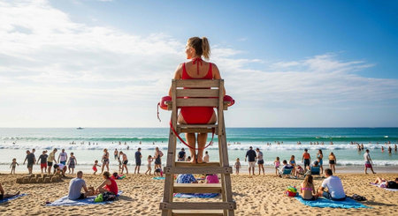 A lifeguard sits on a tower overlooking a crowded beach with people swimming and sunbathing on a...