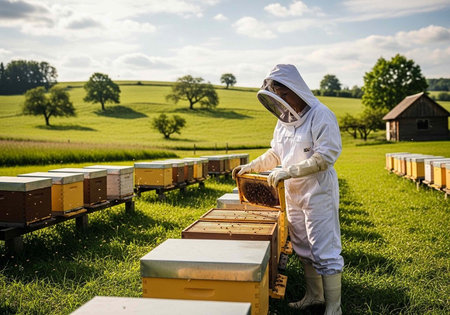 A beekeeper in a white protective suit inspects a honeycomb frame in a serene green field with...