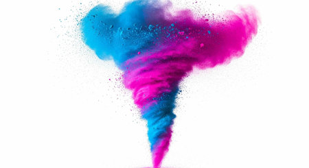 Colorful pink and blue powder forms a swirling tornado shape on a white background