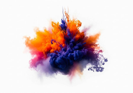 Colorful smoke explosion in shades of blue, purple, orange, and pink on white background