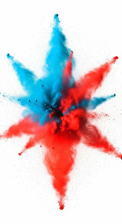Colorful red and blue powder explodes in a starburst pattern on a clean white surface