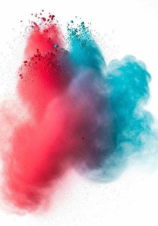 Colorful red and blue powder explodes in a cloud of smoke on a white backgroundの写真素材
