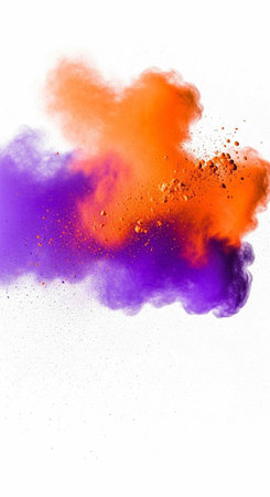 Colorful purple and orange powder exploding in mid-air against a clean white backdrop