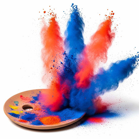 Colorful paint palette with red and blue powder exploding into the air