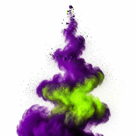 Colorful purple and green cloud of smoke or powder exploding on white