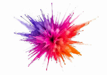 Multicolored paint splatter, purple, pink, red, orange hues on white background