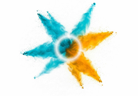 Colorful powder explodes in star shape with blue, orange, and white hues on white background