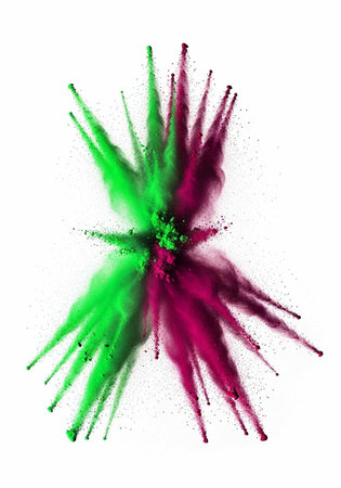 Vibrant green and pink powder explodes in a dynamic, abstract pattern on a clean white surface.