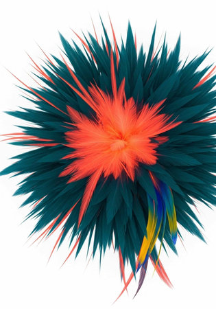 Colorful teal and orange feathers arranged in a decorative piece with multicolored accents.
