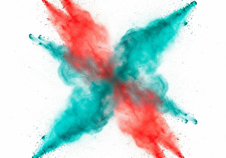 Colorful red and teal smoke bursts in a cross shape on a clean white backdrop