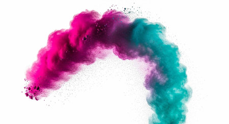 Colorful pink and teal smoke forming an arch shape on a plain white background