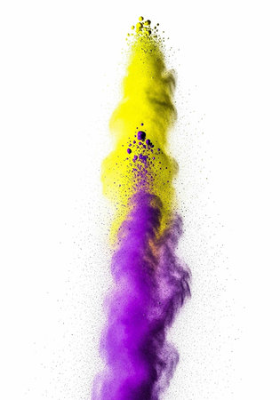 Colorful yellow and purple powder exploding upwards on a clean white surface