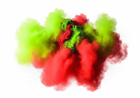 Colorful red and green smoke clouds exploding on a plain white surface