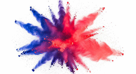 Colorful red and blue powder explodes in a dynamic, abstract pattern on a clean white surface.