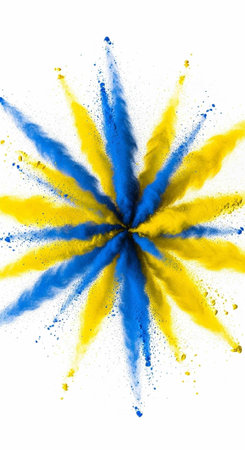 Colorful blue and yellow powder explodes in a starburst pattern on a clean white surface