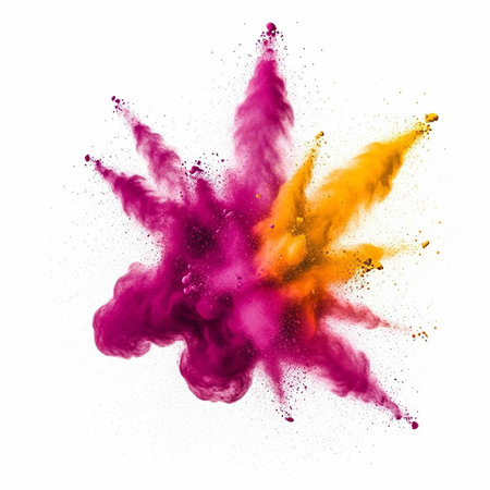 Colorful pink and orange powder explodes in a dynamic, abstract pattern on a clean white surface.