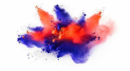Colorful red and blue powder explodes in a dynamic cloud against a clean white backdrop
