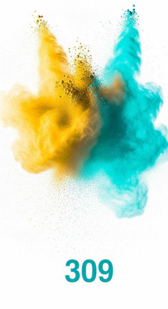 Colorful yellow and turquoise powder bursts against a clean white backdrop with teal number.
