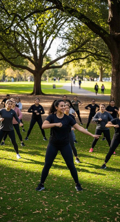 A group of people exercising in a park on a sunny day with trees in the background