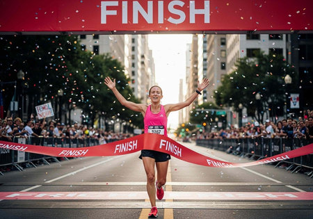 A triumphant woman crossing the finish line with her arms raised in victory during a marathon