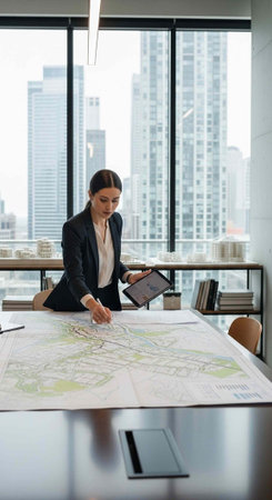 A professional businesswoman analyzing a large map in a modern office with a city view