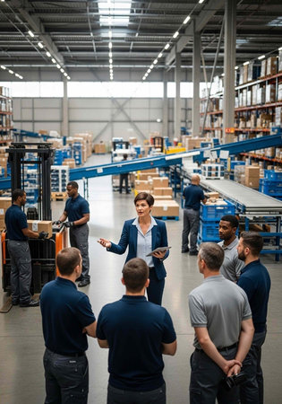 A woman in a blue blazer leads a team of warehouse workers in a discussion amidst industrial...