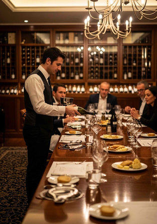 A waiter pouring wine for guests at a long dining table in a luxurious restaurant with a chandelier
