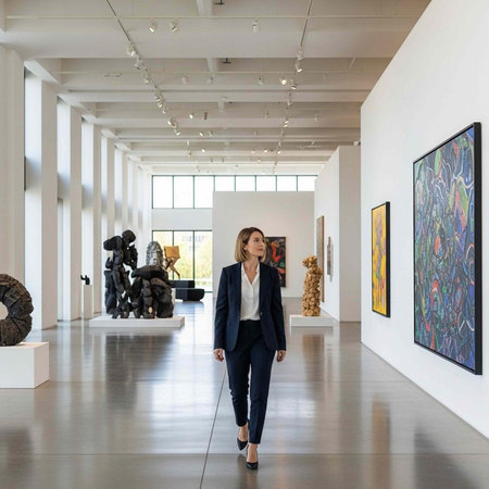 A professional businesswoman walks through a modern art gallery with various sculptures and...