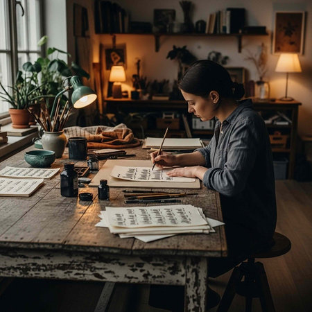 A woman sits at a large wooden desk writing with a pencil in a cozy room with plants and lamps