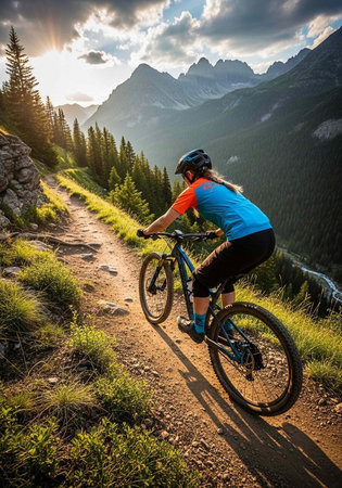 A cyclist rides a mountain bike on a dirt trail in a scenic mountainous landscape with trees and a...