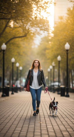A young woman walking her dog on a brick path in a park during sunset