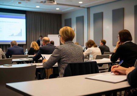 A group of business professionals attentively listening to a presentation in a modern conference...