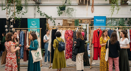 Women shopping at an outdoor clothing market with organic and sustainable fashion on display