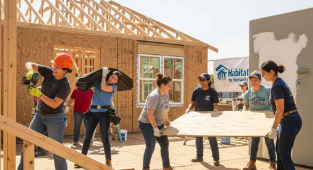 A group of people building a house with Habitat for Humanity