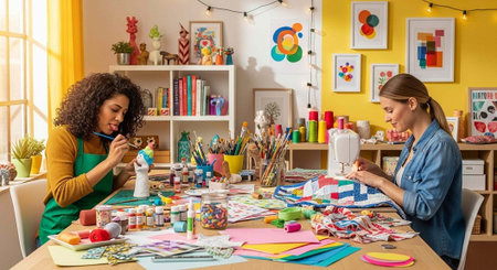 Two women engaged in a creative art project together in a colorful studio