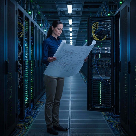 A woman in a data center reviewing a large blueprint of the server room infrastructure