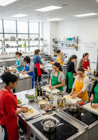 A group of people preparing food in a modern commercial kitchen with stainless steel appliances and...