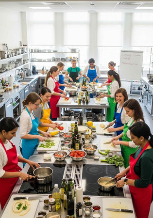 A group of people wearing aprons preparing food in a modern kitchen with various ingredients and...
