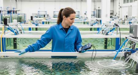 A woman in a blue lab coat checks water quality in a fish farm tank with a digital device