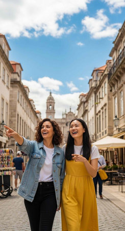 Two young women walking and laughing together in a historic European city street on a sunny day