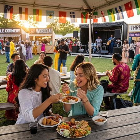 Two women enjoying food and company at an outdoor cultural festival with live music and...