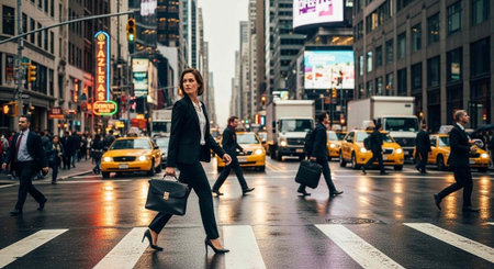 A confident businesswoman crossing a busy city street with tall buildings and yellow taxis in the...