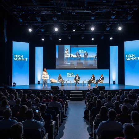 A woman speaks at a tech summit on a large stage with a screen and audience