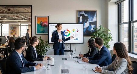 A businesswoman presents to a group of colleagues in a modern office conference room with a large...