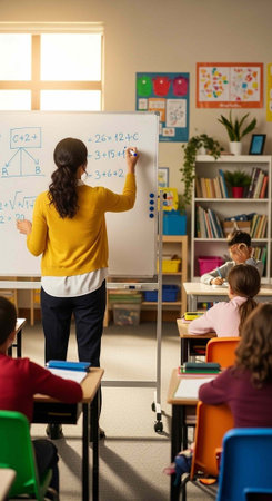 A teacher writes on a whiteboard in a classroom with students sitting at desks