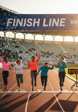 A group of happy women crossing the finish line together in a stadium