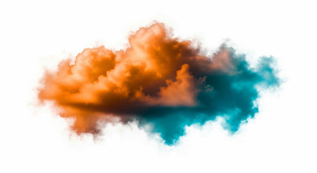 A vibrant cloud of orange and blue smoke against a white background