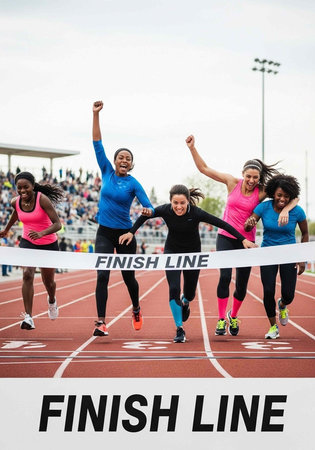 A group of diverse women crossing the finish line together in a moment of triumph and celebration